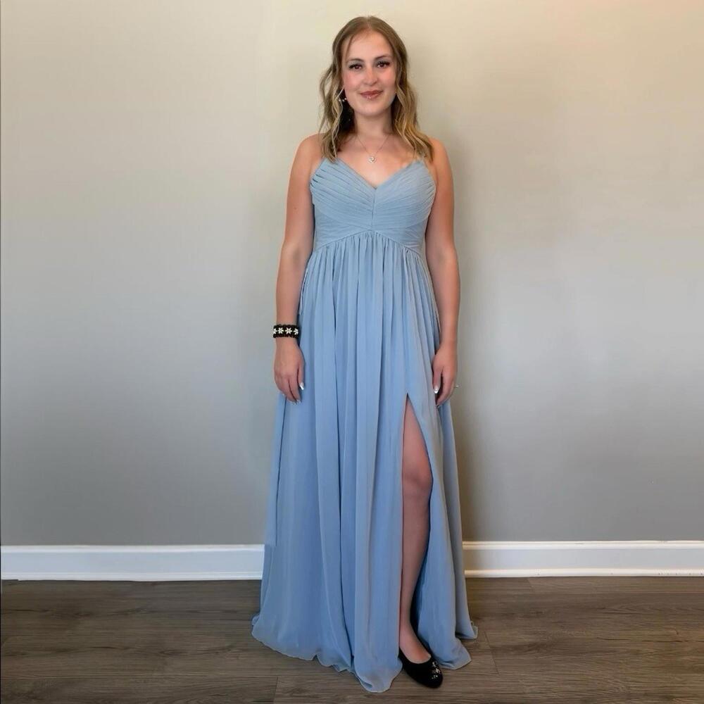 Azazie Alia Dusty Blue Chiffon A-Line Pleated Bridesmaids Dress (Size 8)